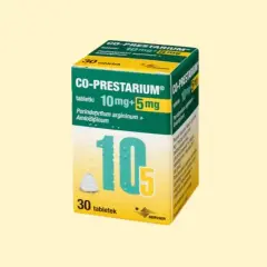 Opakowanie leku co prestarium 10mg+5mg, zawierające 30 tabletek.