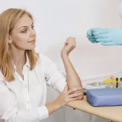 Młoda kobieta z blond włosami czeka na pobranie krwi. Pielęgniarka w niebieskich rękawiczkach trzyma probówkę. Badanie na czczo.