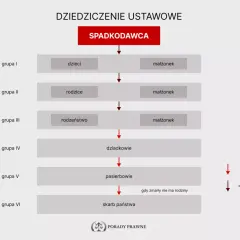 Schemat dziedziczenia ustawowego: od spadkodawcy przez dzieci, rodziców, rodzeństwo, dziadków, pasierbów do skarbu państwa.