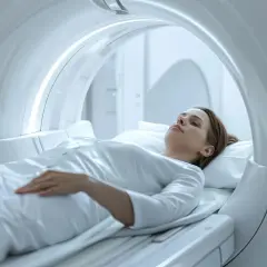 Kobieta leży w aparacie rezonansu magnetycznego, badanie wykaże, czy ma torbiel szyszynki.