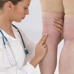 Lekarka bada nogi pacjentki, oceniając objawy mogące wskazywać na d-dimery a stan zapalny.