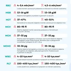 Tabela norm parametrów krwi: RBC, HGB, HCT, MCV, MCH, MCHC, WBC, PLT. Wskazuje na rdw-sd jako kluczowy wskaźnik objętości krwinek.