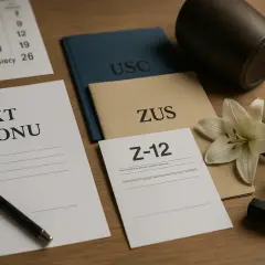Na stole dokument akt zgonu, obok kalendarz, księgi USC i ZUS, świeca, lilia i pieczęć.