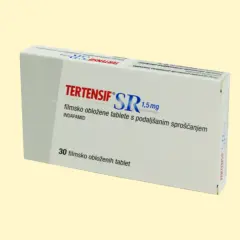 Opakowanie leku Tertensif SR 1,5 mg, zawierające 30 tabletek. Jest to lek z grupy triplixam, stosowany w leczeniu nadciśnienia.