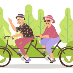 Szczęśliwi seniorzy na rowerze tandemowym, cieszący się aktywnością po odprawie emerytalnej.