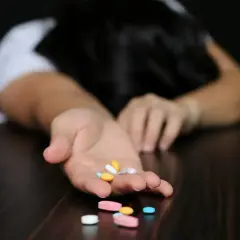 Osoba z garścią tabletek na dłoni, zastanawiająca się, xanax na co. W tle ciemne włosy i biała koszulka.