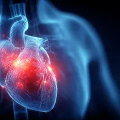 Anatomical heart with glowing red areas indicating inflammation, possibly zapalenie mięśnia sercowego.