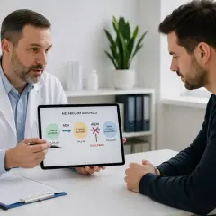 Lekarz wyjaśnia pacjentowi metabolizm alkoholu, pokazując schemat na tablecie. Widać na nim etapy przemiany etanolu, aldehydu octowego i kwasu octowego, a także działanie disulfiramu, który blokuje ten proces.
