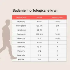 Tabela z badaniem morfologicznym krwi. Pokazuje normy dla trombocytów, erytrocytów i innych składników.