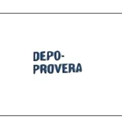 Napis DEPO-PROVERA w ciemnoniebieskim kolorze, z efektem 3D.