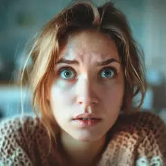 Przerażona dziewczyna z szeroko otwartymi oczami, jakby walczyła z fobią. Włosy potargane, twarz blada.