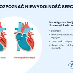 Porównanie zdrowego i niewydolnego serca. Objawy niewydolności serca: duszności, obrzęki, trzeszczenia nad płucami.