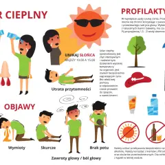 Objawy udaru słonecznego: szybkie bicie serca, wymioty, skurcze, brak potu, zawroty głowy, ból głowy, utrata przytomności.