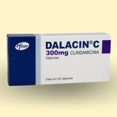 Opakowanie leku Dalacin C 300mg z klindamycyną, stosowanego na infekcje bakteryjne.