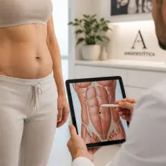 Lekarz pokazuje pacjentce na tablecie anatomię mięśni brzucha, zaznaczając białą kreską obszar.