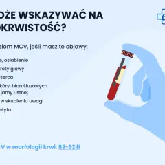 Ręka w rękawiczce trzyma probówkę z krwią, badanie MCV może wskazać na niedokrwistość.