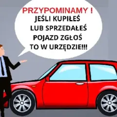 Przypomnienie: zawiadomienie o zbyciu pojazdu! Mężczyzna w garniturze obok czerwonego auta informuje o obowiązku zgłoszenia transakcji w urzędzie.