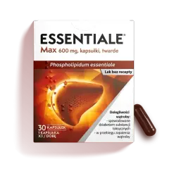 Opakowanie Essentiale Max 600 mg z wizerunkiem wątroby, wskazujące na pomoc w dolegliwościach wątroby, np. spowodowanych substancjami toksycznymi.