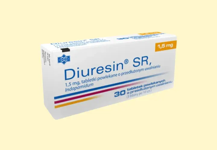 Opakowanie leku Diuresin SR 1,5 mg z indapamidem, tabletki powlekane o przedłużonym uwalnianiu.