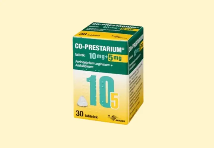 Opakowanie leku co prestarium 10mg+5mg, zawierające 30 tabletek.