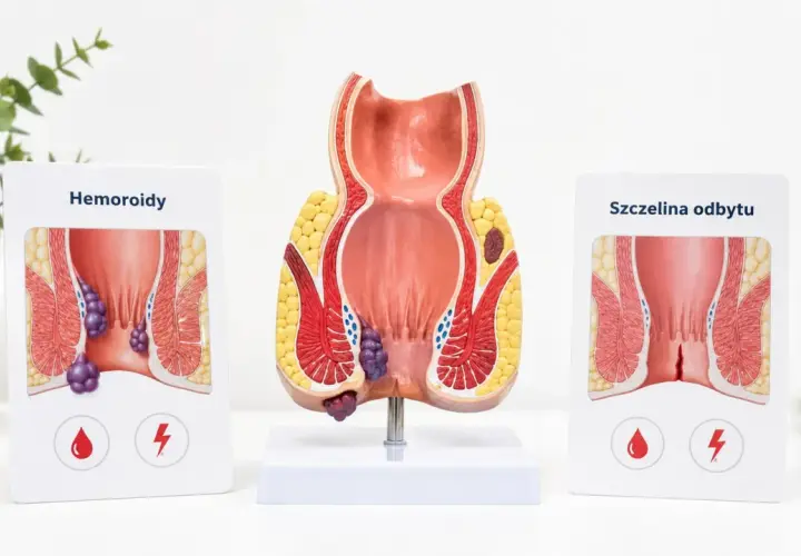Model anatomiczny odbytu z hemoroidami i szczeliną. Ból odbytu może być objawem tych schorzeń.