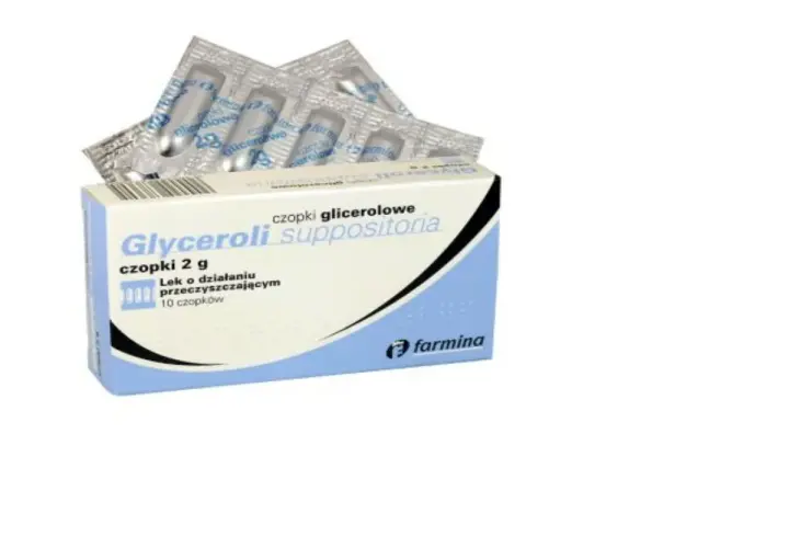 Opakowanie czopków glicerolowych, leku o działaniu przeczyszczającym na zaparcia. 10 sztuk.