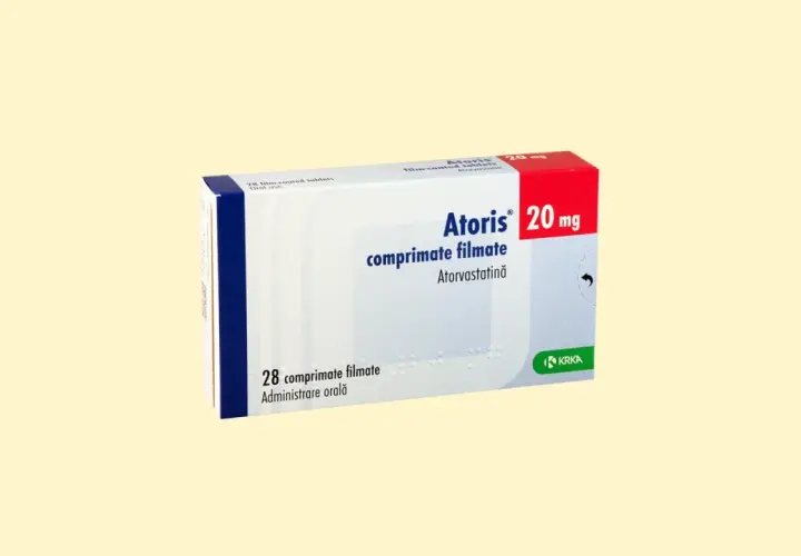 Opakowanie leku Atoris 20 mg, zawierające atorwastatynę, stosowanego jako leki na cholesterol.