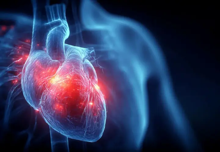 Anatomical heart with glowing red areas indicating inflammation, possibly zapalenie mięśnia sercowego.