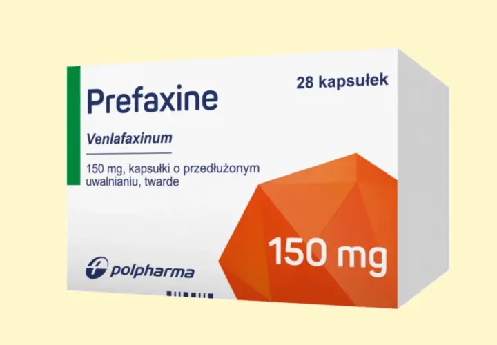 Opakowanie leku Prefaxine z wenlafaksyną 150 mg, 28 kapsułek o przedłużonym uwalnianiu.