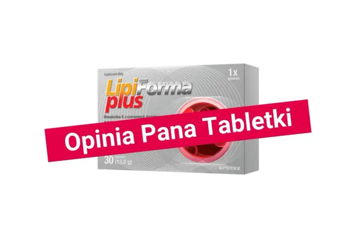Opakowanie suplementu diety LipiForma plus, który pomaga jak obniżyć cholesterol. Zawiera monakolinę K. 30 kapsułek.