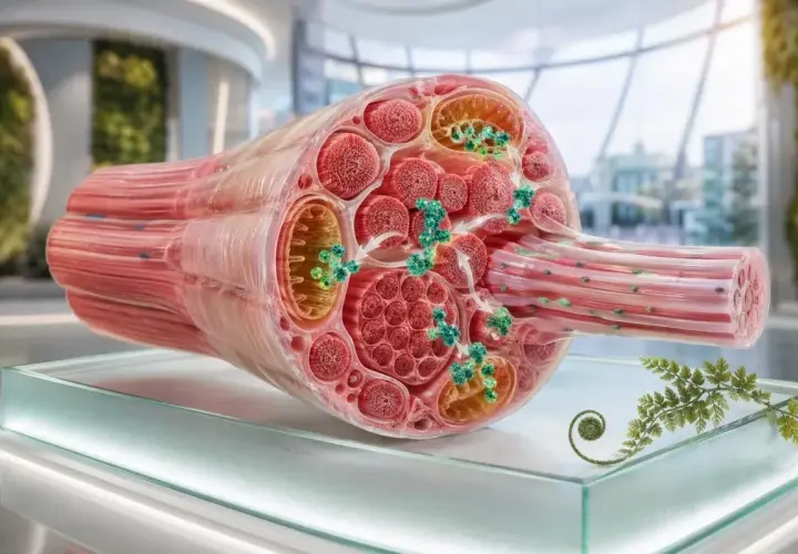 Przekrój włókna mięśniowego z widocznymi mitochondriami i cząsteczkami kinazy kreatynowej, kluczowymi dla produkcji energii.