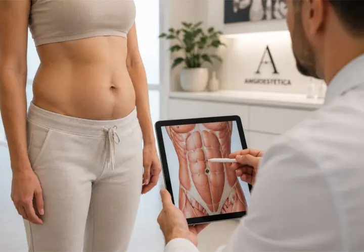 Lekarz pokazuje pacjentce na tablecie anatomię mięśni brzucha, zaznaczając białą kreską obszar.