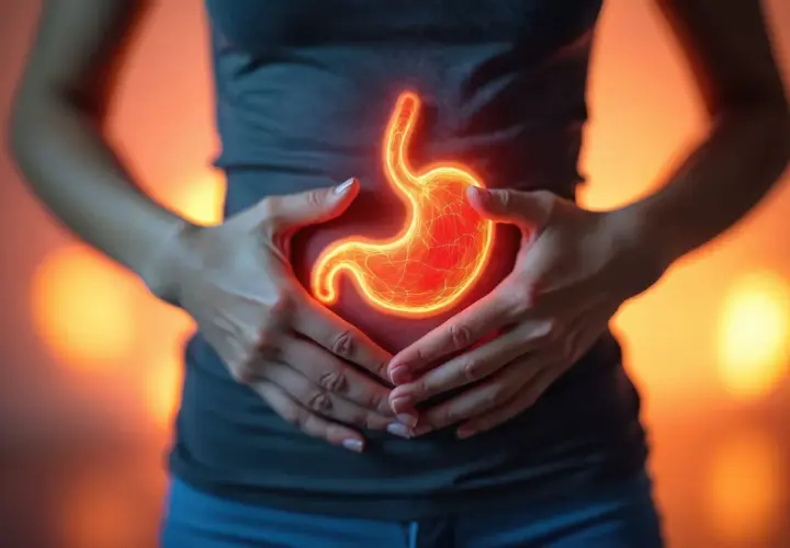 Dłonie obejmujące brzuch, gdzie widoczny jest świecący, czerwony żołądek, symbolizujący gastropatię rumieniową.
