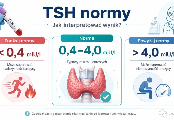 Grafika przedstawia normy TSH: poniżej normy (<0,4 mIU/I) sugeruje nadczynność, norma (0,4-4,0 mIU/I) to typowy zakres, a powyżej normy (>4,0 mIU/I) może oznaczać niedoczynność tarczycy.