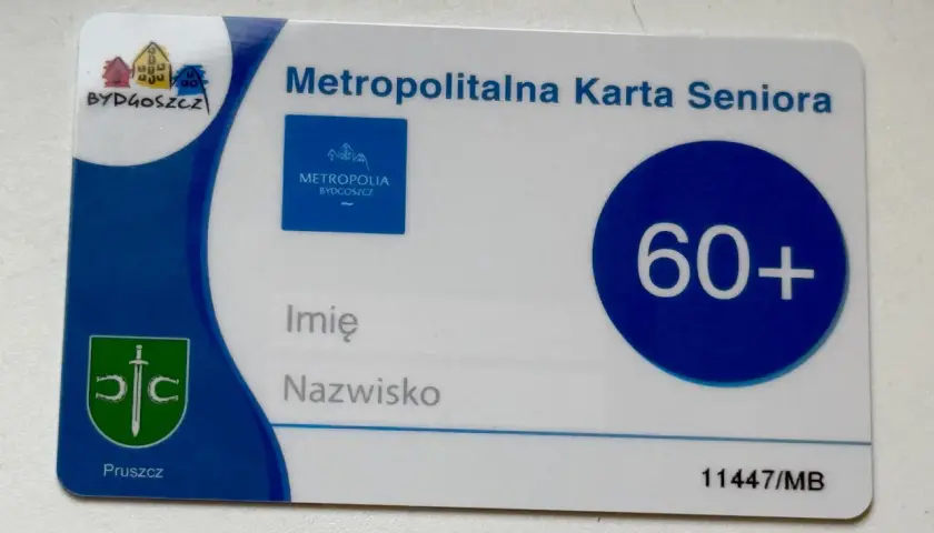 Metropolitalna Karta Seniora z Bydgoszczy, z symbolem 60+. Daje dostęp do zniżek i udogodnień dla seniorów.