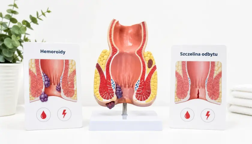 Model anatomiczny odbytu z hemoroidami i szczeliną. Ból odbytu może być objawem tych schorzeń.