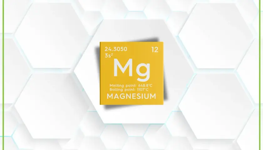 Żółta karta z symbolem pierwiastka Mg, jego masą atomową i temperaturami topnienia/wrzenia. To treonian magnezu, ważny dla zdrowia.