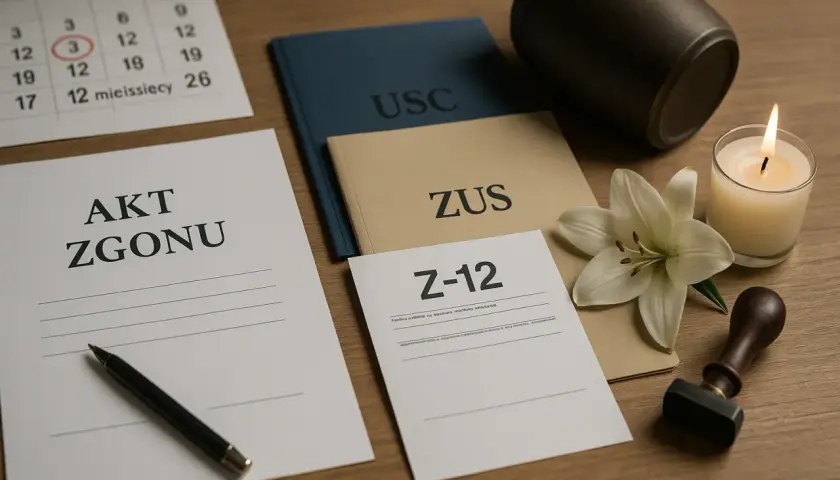 Na stole dokument akt zgonu, obok kalendarz, księgi USC i ZUS, świeca, lilia i pieczęć.