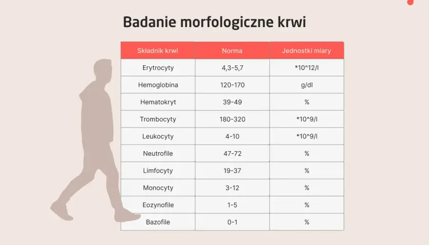 Tabela z badaniem morfologicznym krwi, prezentująca normy dla erytrocytów, hemoglobiny, hematokrytu, trombocytów, leukocytów i innych składników.