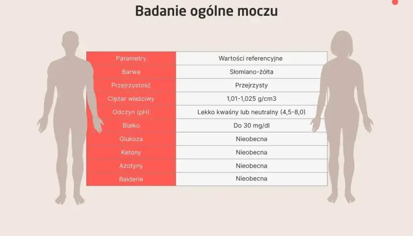 Tabela z parametrami badania ogólnego moczu: barwa, przejrzystość, ciężar właściwy, odczyn, białko, glukoza, ketony, azotyny, bakterie. Wyniki są w normie.