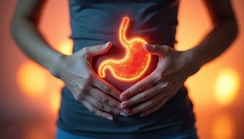 Dłonie obejmujące brzuch, gdzie widoczny jest świecący, czerwony żołądek, symbolizujący gastropatię rumieniową.