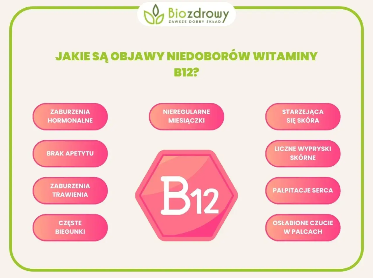 Niedobór witaminy B12 objawy psychiczne: zaburzenia hormonalne, brak apetytu, trawienne, biegunki, nieregularne miesiączki, problemy skórne, sercowe, czuciowe.