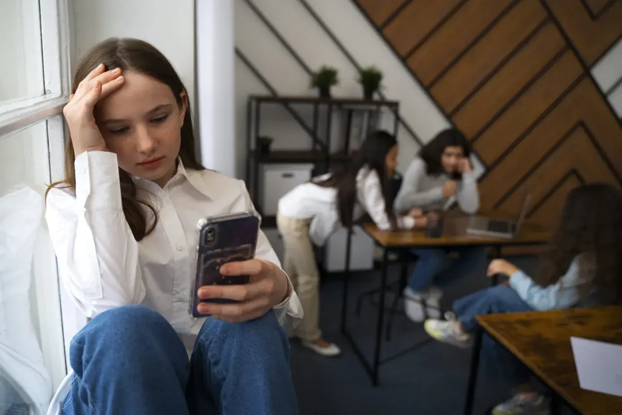 Dziewczyna z fobią społeczną siedzi sama, trzymając telefon, podczas gdy inni rozmawiają w tle.