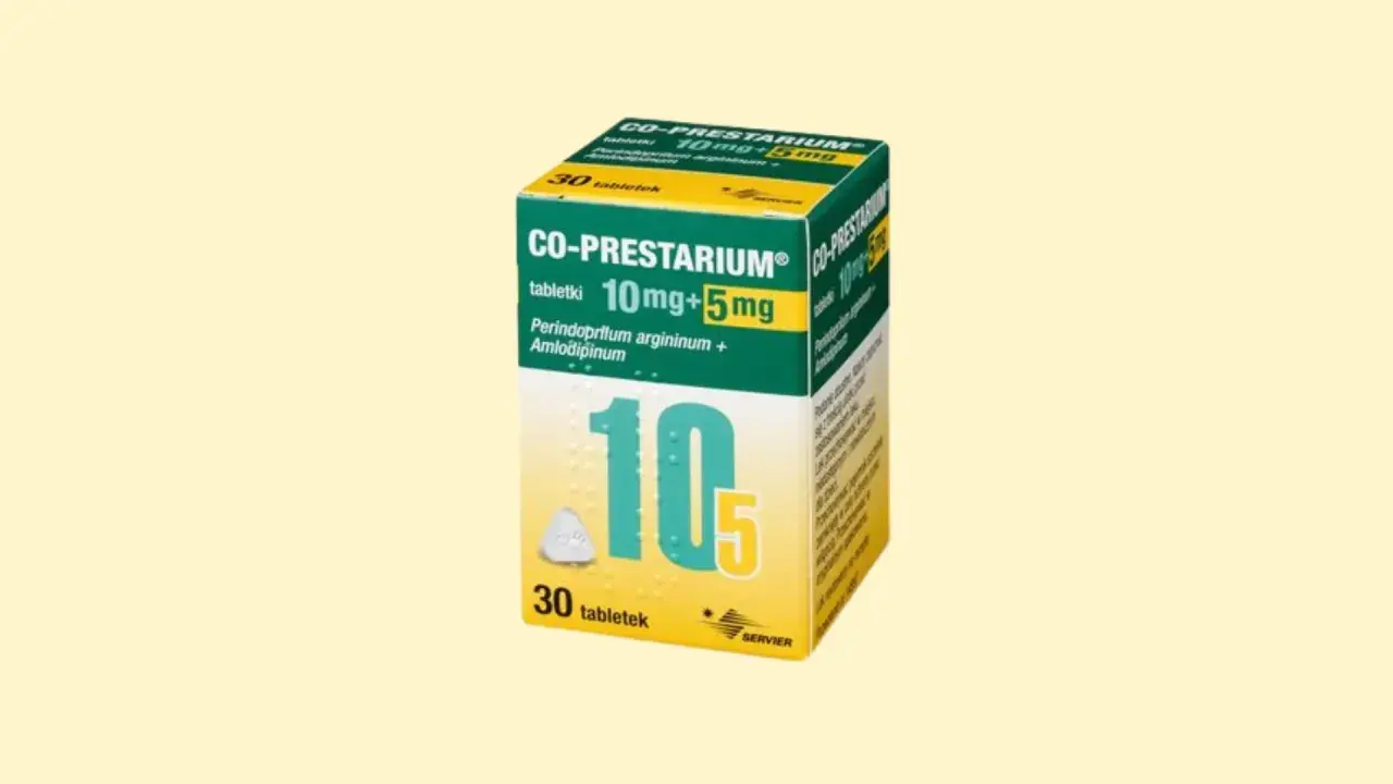 Opakowanie leku co prestarium 10mg+5mg, zawierające 30 tabletek.