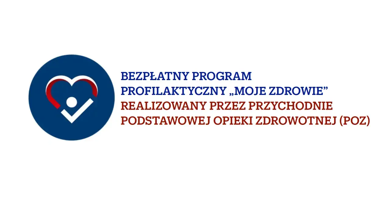 Logo z sercem i ptaszkiem. Bezpłatny program profilaktyczny „Moje Zdrowie” dla osób 40 plus realizowany przez POZ.
