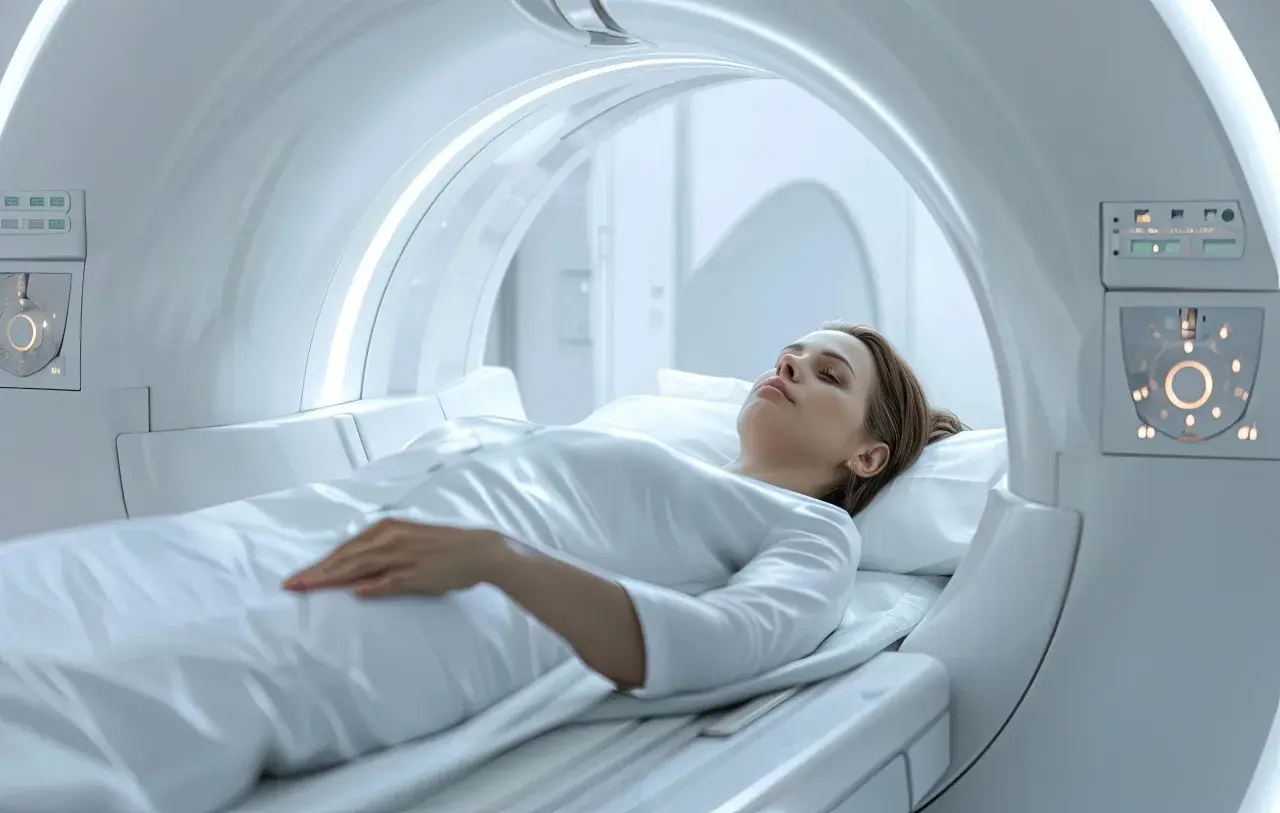 Kobieta leży w aparacie rezonansu magnetycznego, badanie wykaże, czy ma torbiel szyszynki.