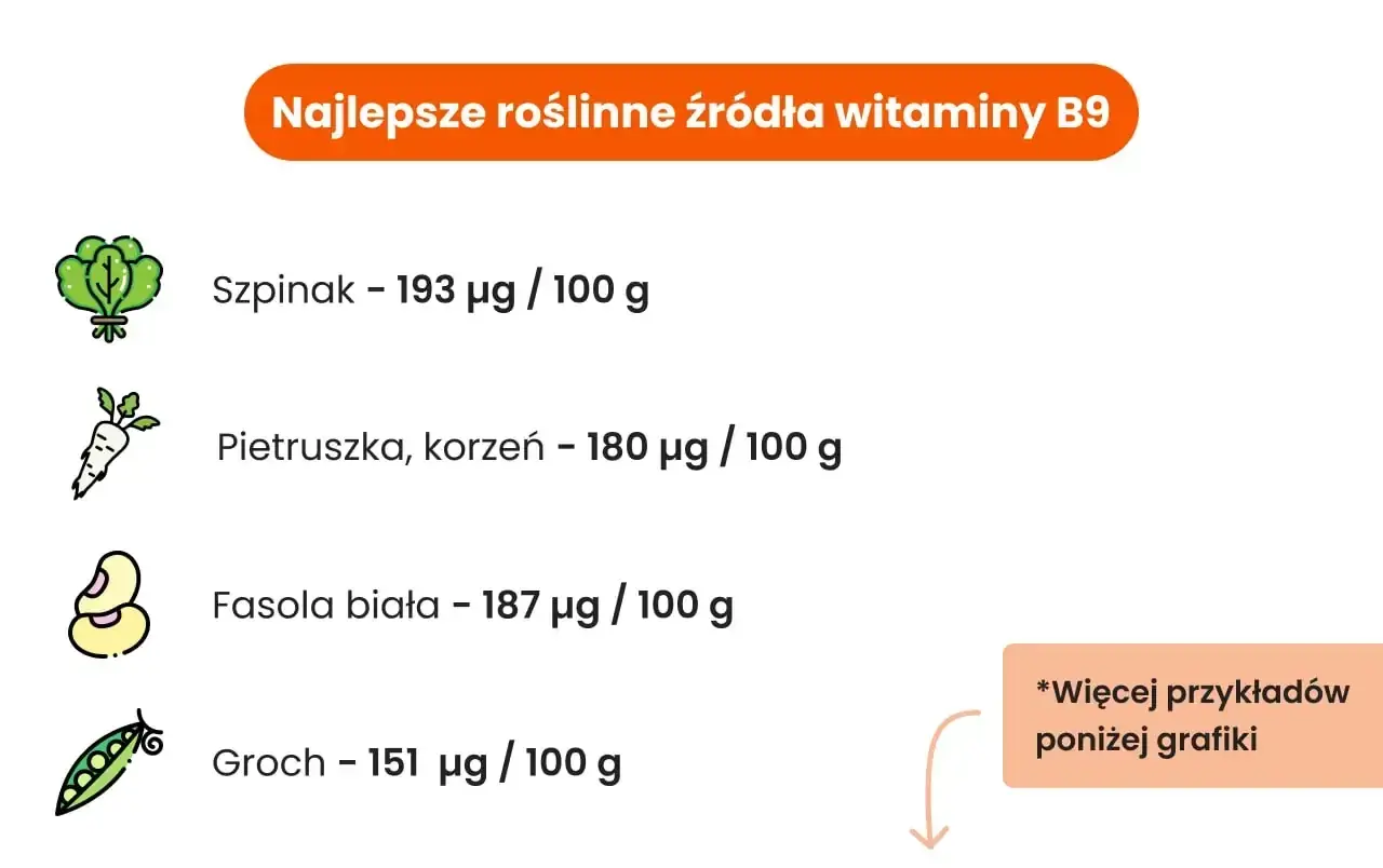 Najlepsze roślinne źródła witaminy B9: szpinak (193 µg/100g), fasola biała (187 µg/100g), pietruszka korzeń (180 µg/100g), groch (151 µg/100g).