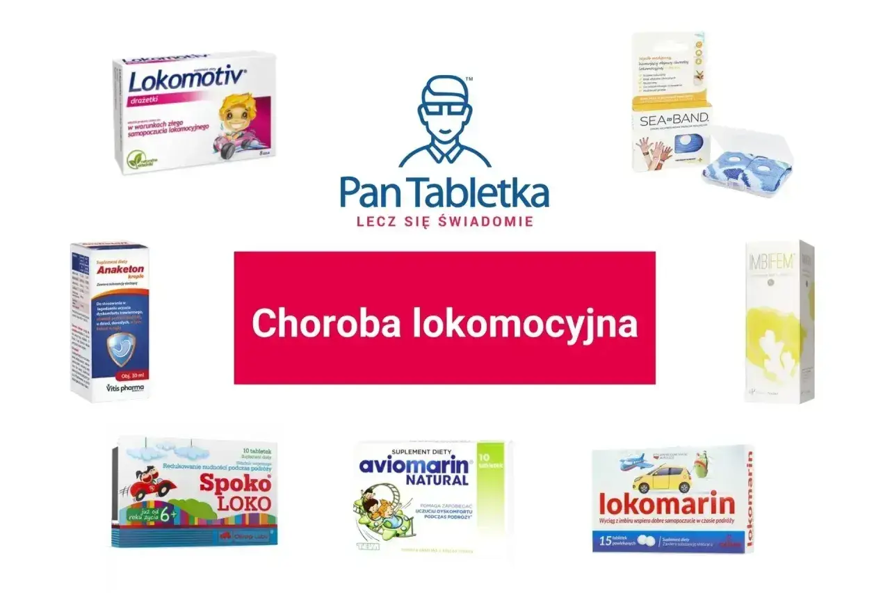 Produkty na chorobę lokomocyjną: Lokomotiv, Anaketon, Spoko LOKO, Aviomarin, Lokomarin, Sea-Band. Pomoc na wymioty w podróży.