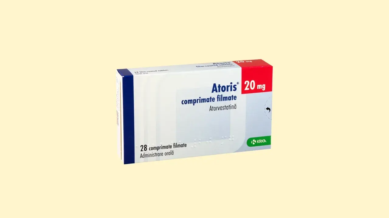 Opakowanie leku Atoris 20 mg, zawierające atorwastatynę, stosowanego jako leki na cholesterol.