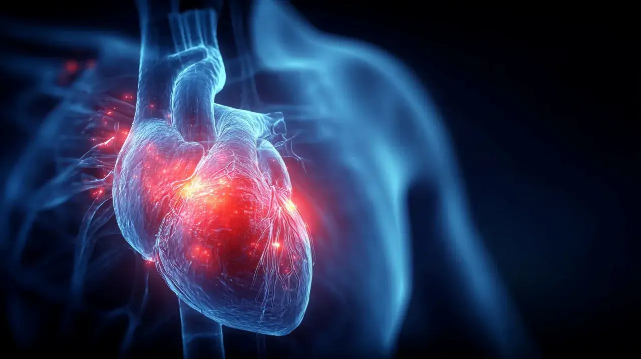 Anatomical heart with glowing red areas indicating inflammation, possibly zapalenie mięśnia sercowego.
